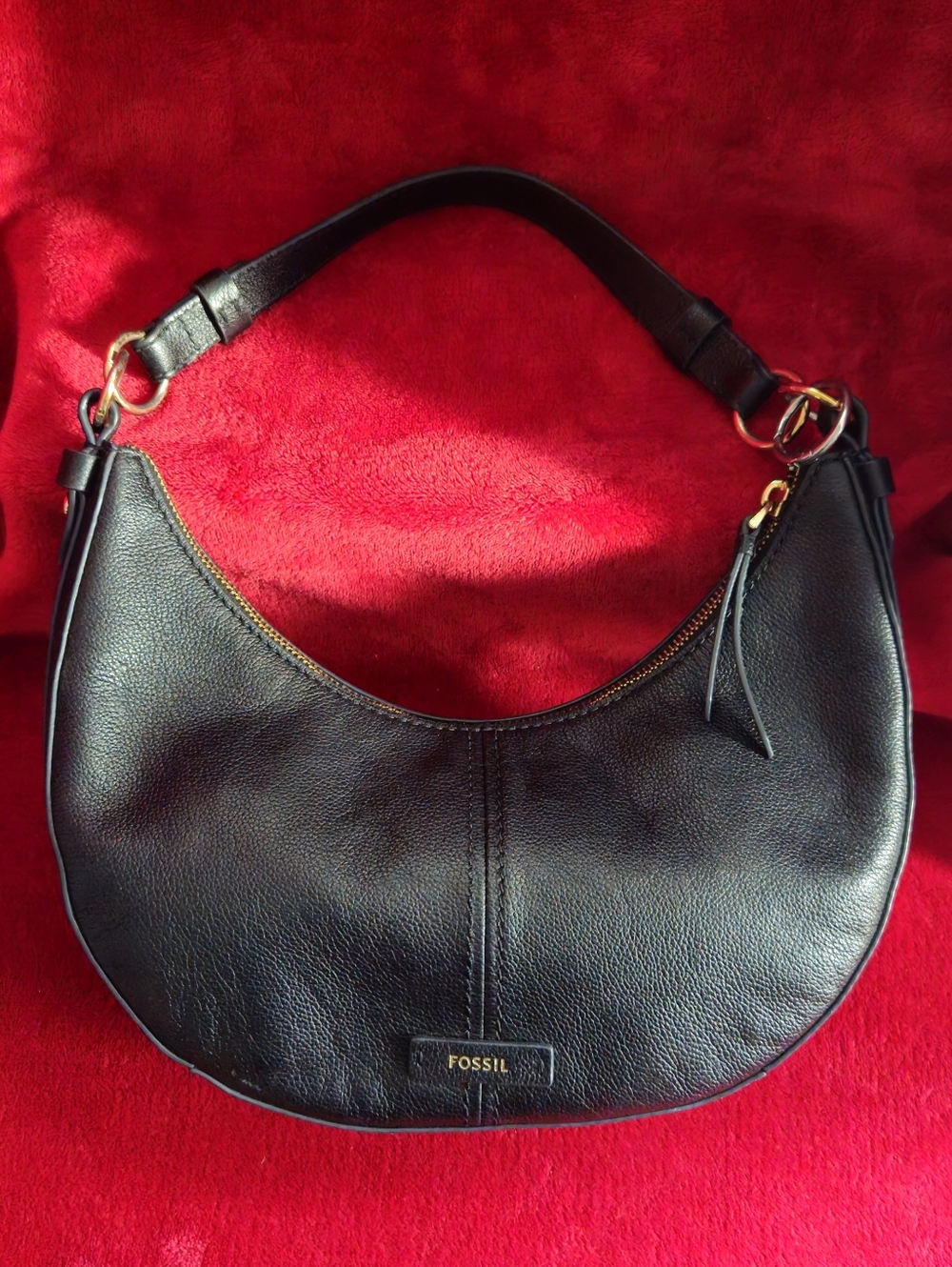 Fossil Shae Black Leather Crescent Hobo Bag